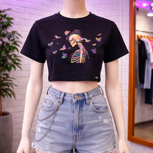 Butterfly Bones Crop T Black