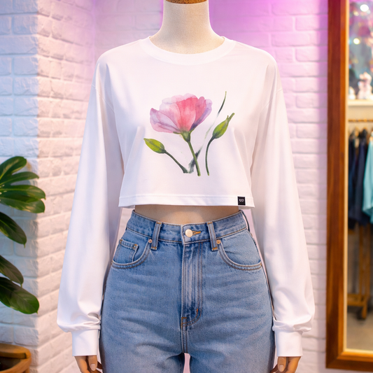 Blush Bloom LS Crop T White