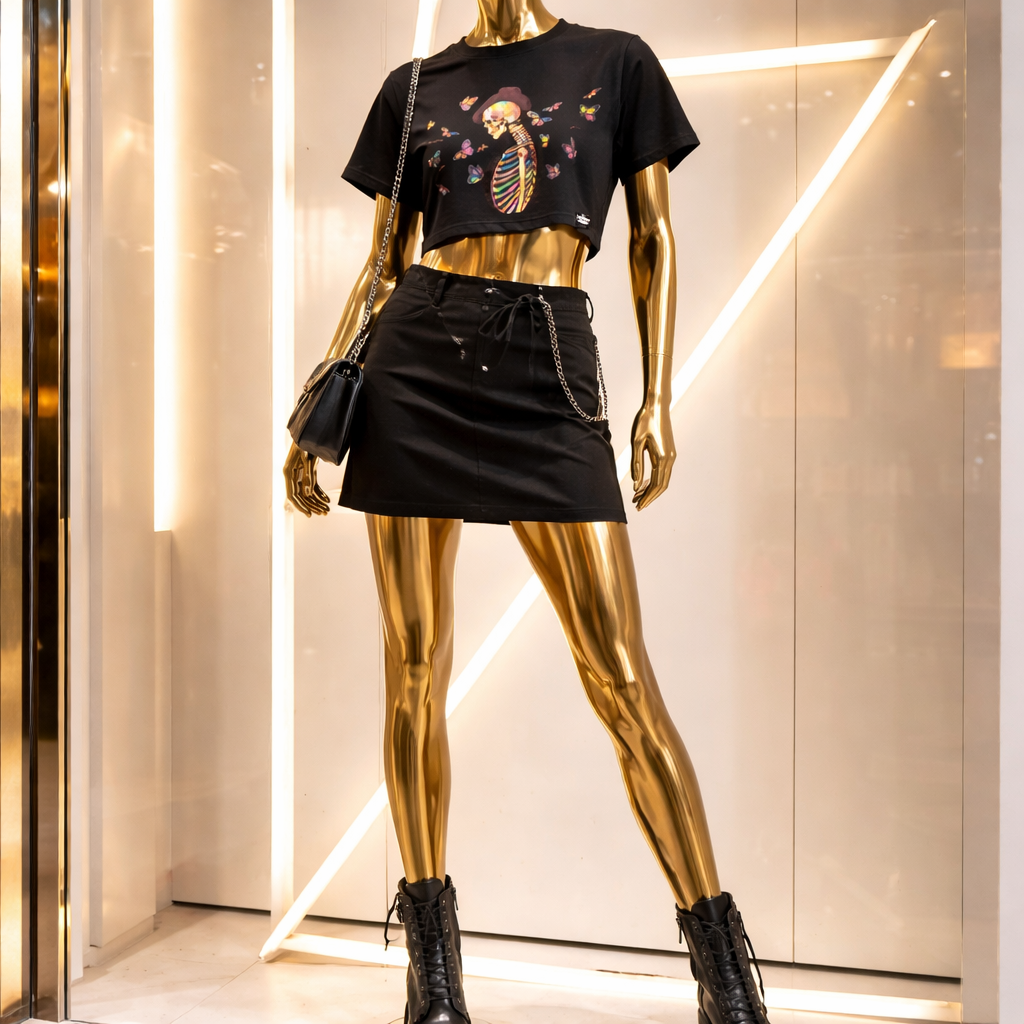Butterfly Bones Crop T Black