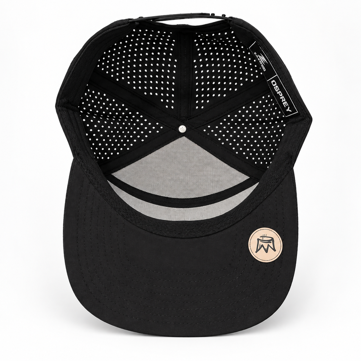 Underside view of the Graffiti Wear black 7-panel snapback showing laser-perforated back panels and sweatband