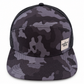 Graffiti Wear black camo 7-panel snapback hat, front view with flat brim and tan leather patch