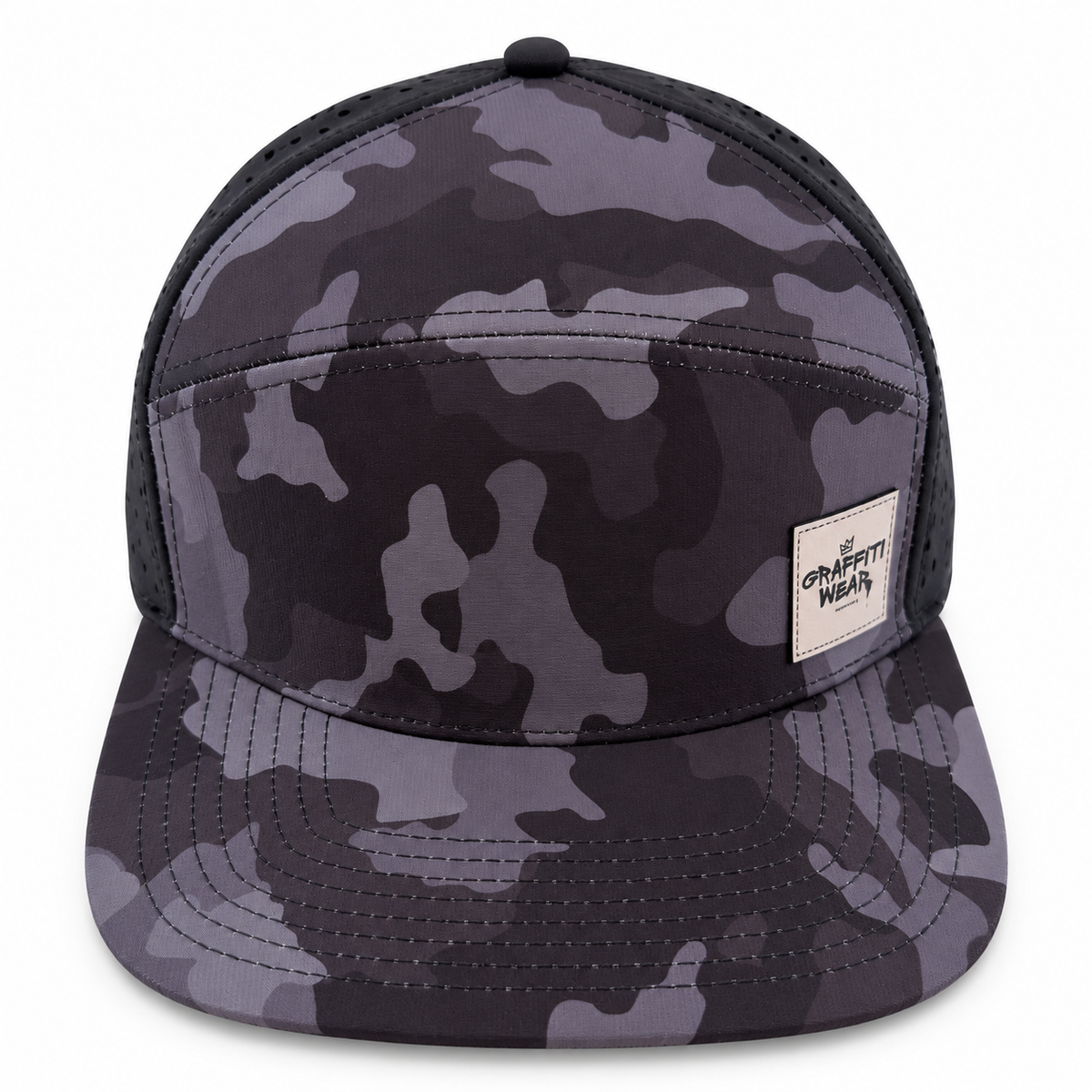 Graffiti Wear black camo 7-panel snapback hat, front view with flat brim and tan leather patch