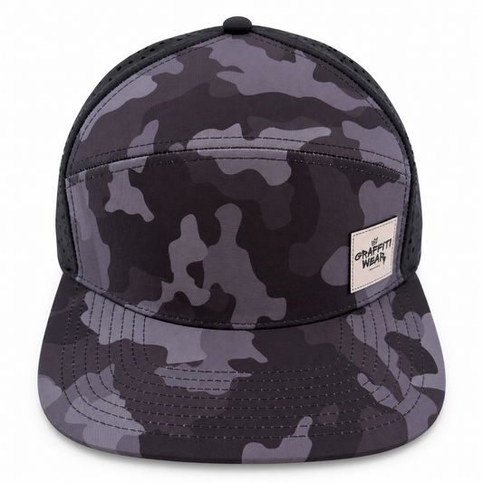 Graffiti Wear black camo 7-panel snapback hat, front view with flat brim and tan leather patch
