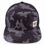 Graffiti Wear black camo 7-panel snapback hat, front view with flat brim and tan leather patch