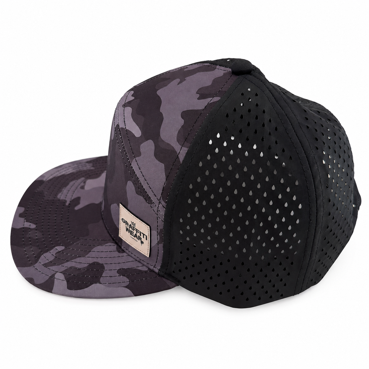 Side view of Graffiti Wear camo snapback showing laser-perforated black back panels